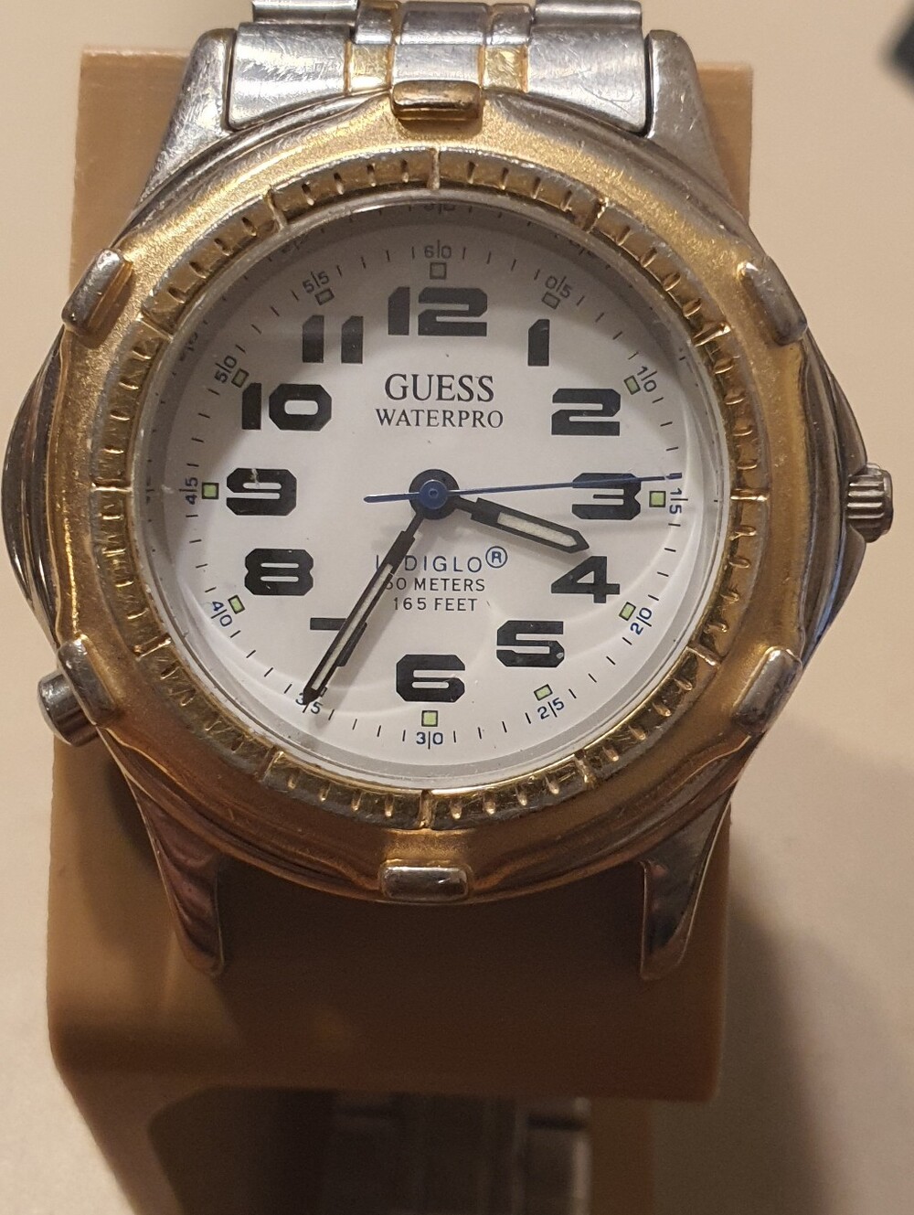 10/$20 Vtg Guess Waterpro Indiglo Silver/Goldtone Stainless Steel Men's Watch